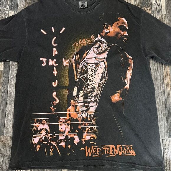 🔥🔥 TRAVIS SCOTT CACTUS JACK x WRESTLEMANIA WWF WWE Rap Music Graphic Tee 2XL - Picture 2 of 10